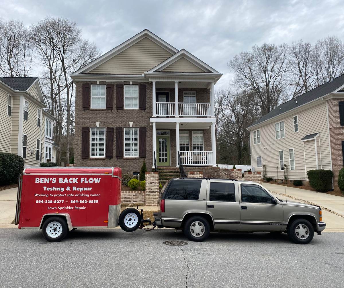 Ben's Backflow Testing and Repair trailer and truck on site in Upstate South Carolina